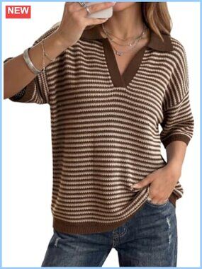 Striped V-Neck Knit Pullover Sweater Half Sleeve Women's Top